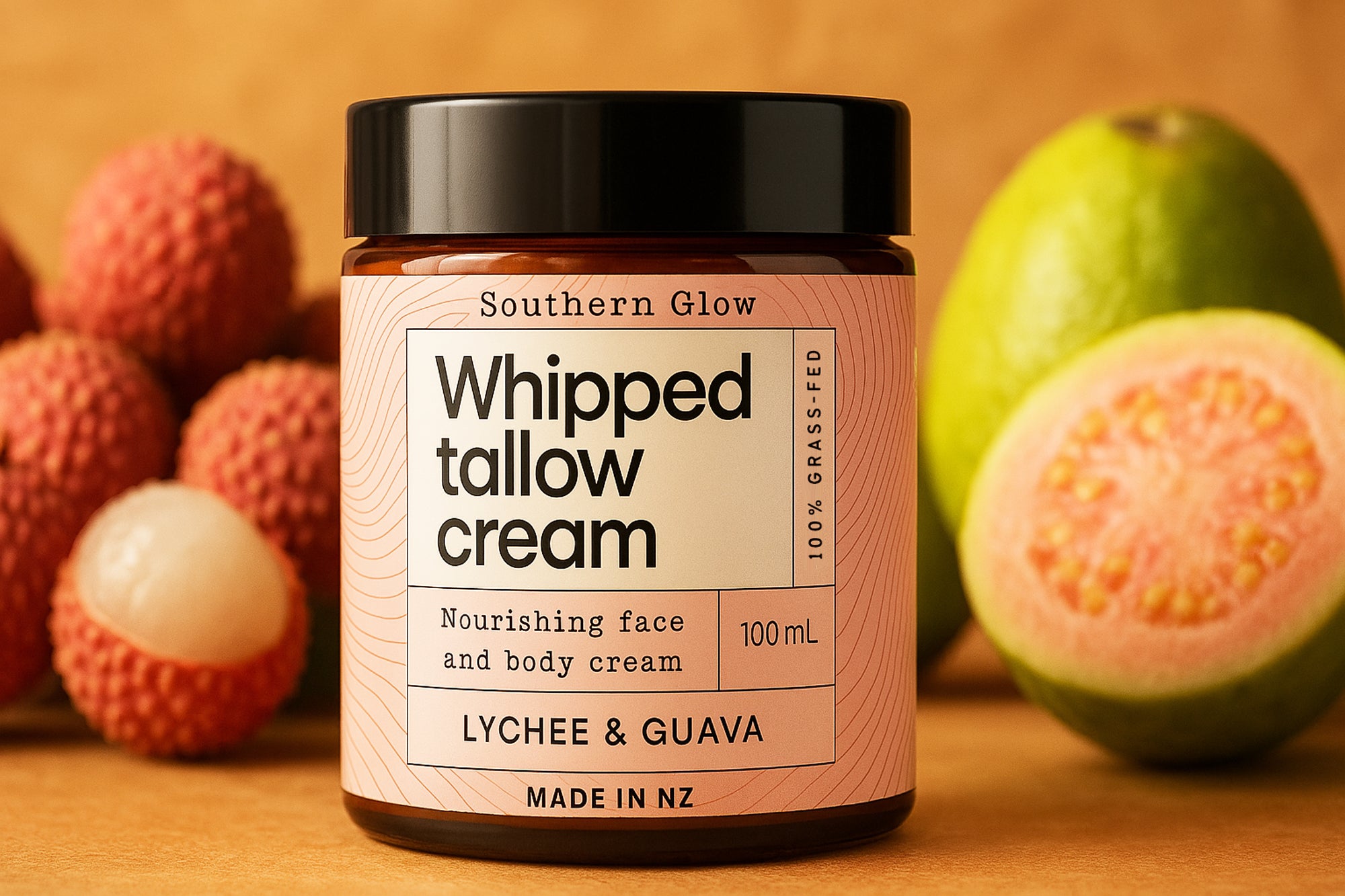 Lychee and Guava Whipped Tallow Cream Lifestyle in front of fruit
