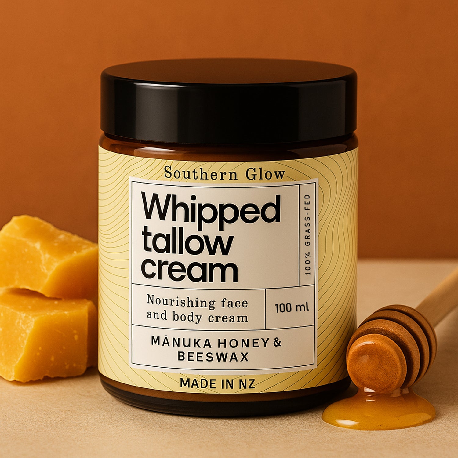 Manuka Honey and Beeswax Whipped Tallow Cream - Lifestyle Image with beeswax and honey stick.