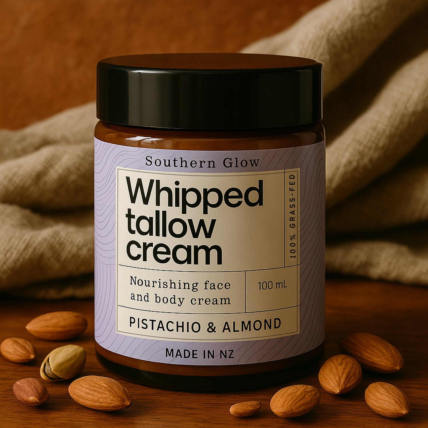 Southern Glow Pistachio and Almond on a table with nuts.