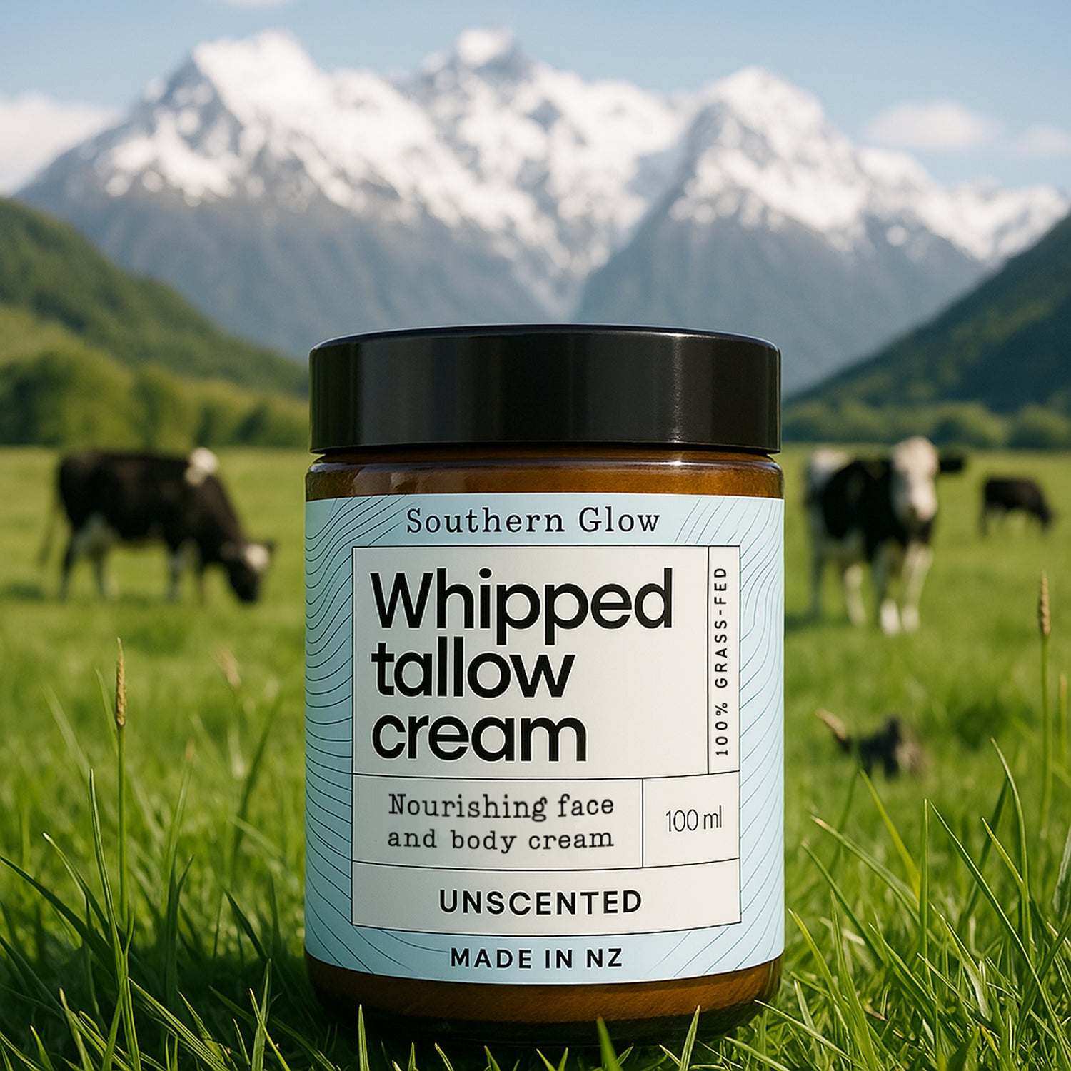 Jar of whipped tallow cream in a grassy field with cows and mountains in the background.