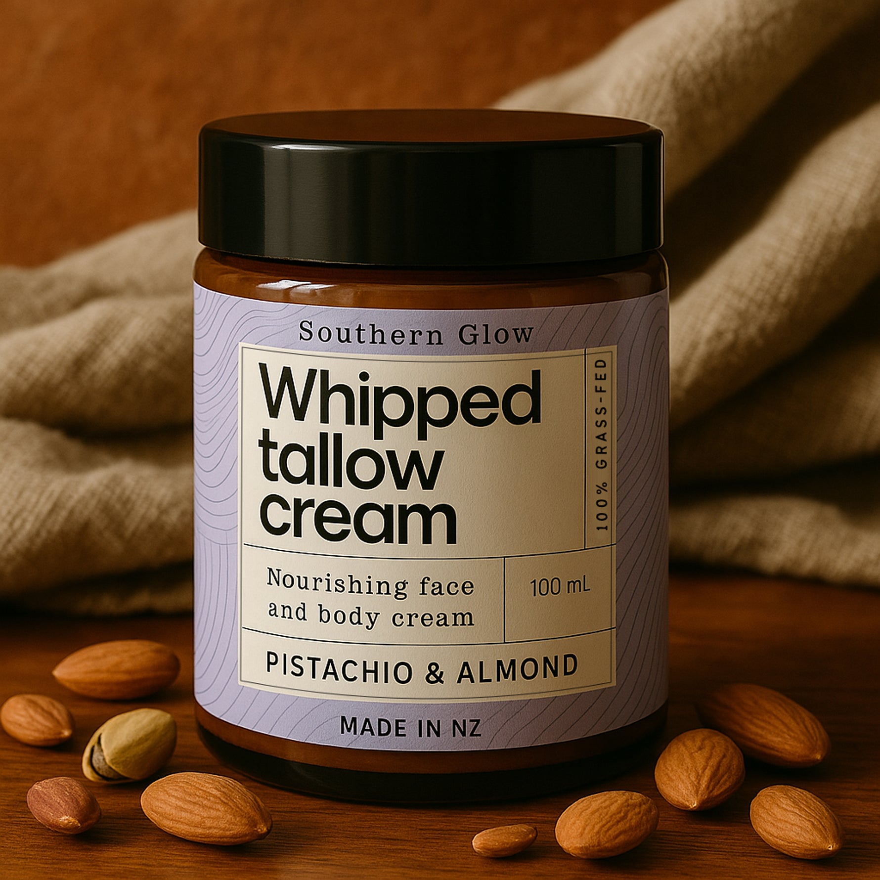 Southern Glow Pistachio and Almond on a table with nuts.