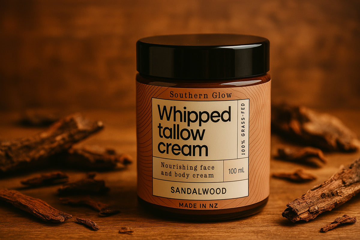 Jar of whipped tallow cream with sandalwood scent on a wooden surface.