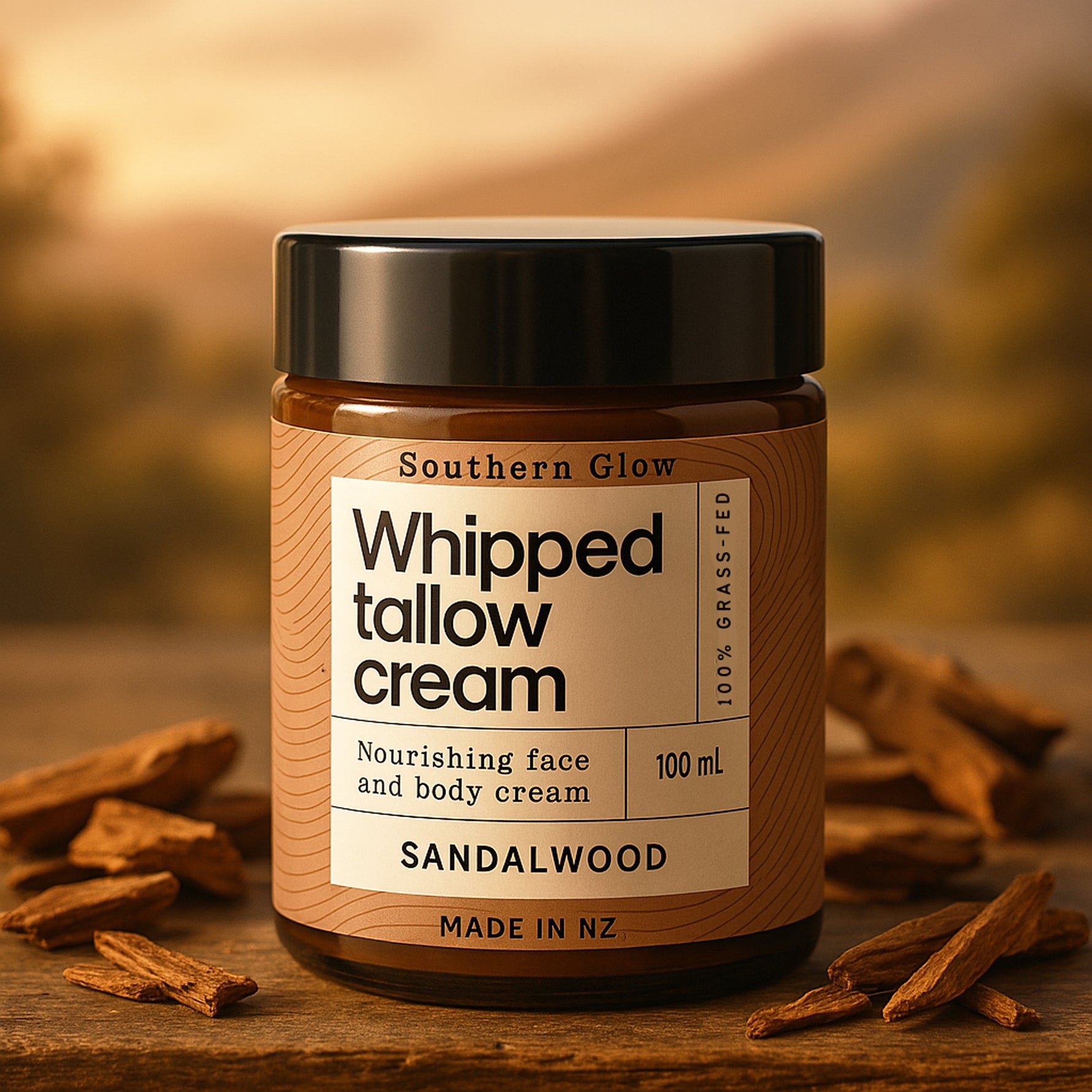 Jar of whipped tallow cream with sandalwood fragrance on a wooden surface.