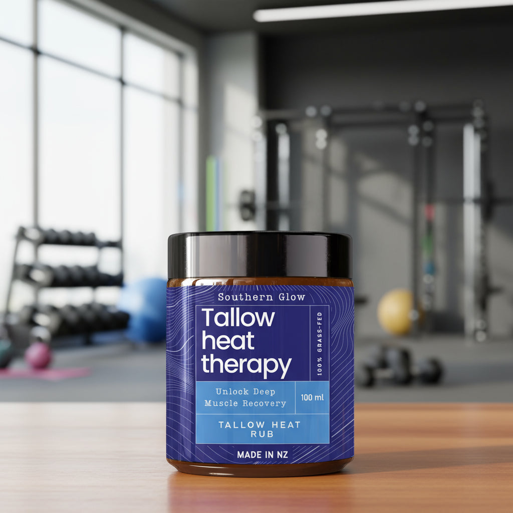 Jar of Southern Glow Tallow Heat Therapy on a table in a gym setting